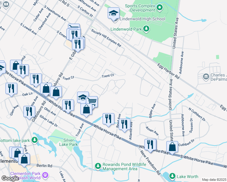 map of restaurants, bars, coffee shops, grocery stores, and more near 11 Dover Court in Clementon