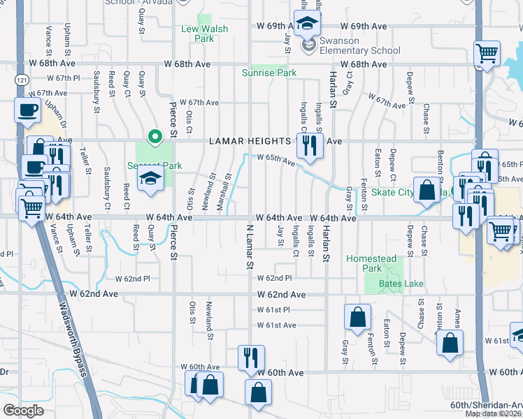 map of restaurants, bars, coffee shops, grocery stores, and more near 6404 Kendall Street in Arvada