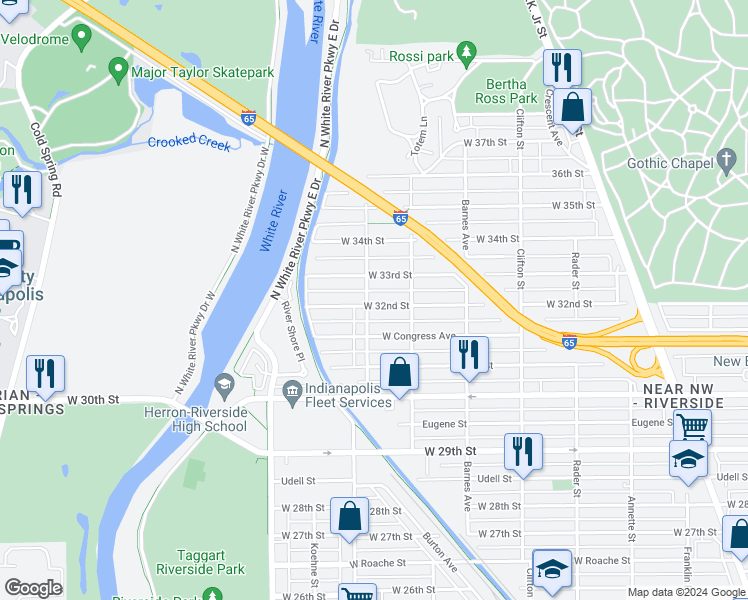 map of restaurants, bars, coffee shops, grocery stores, and more near 1347 West 32nd Street in Indianapolis