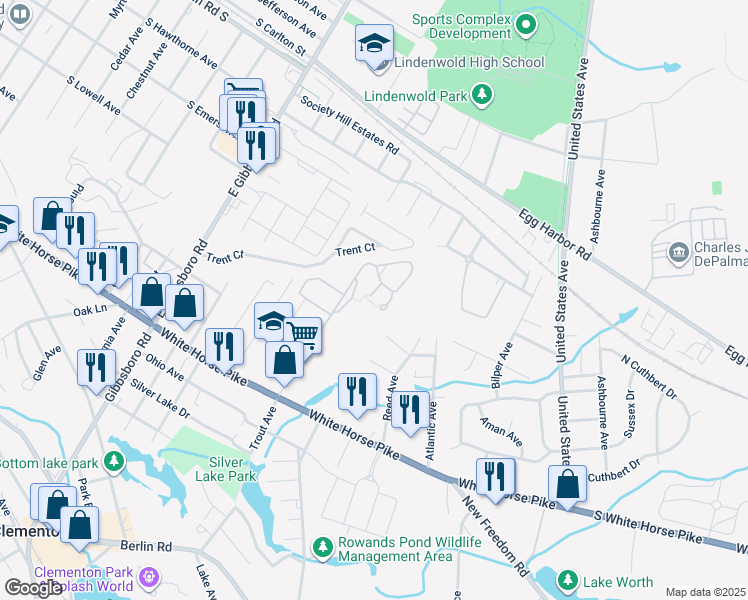 map of restaurants, bars, coffee shops, grocery stores, and more near 11 Dover Court in Clementon