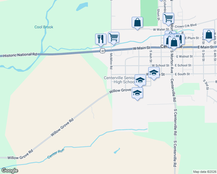 map of restaurants, bars, coffee shops, grocery stores, and more near 506 McMinn Road in Centerville