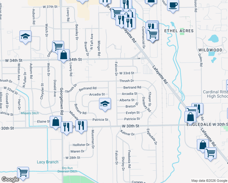 map of restaurants, bars, coffee shops, grocery stores, and more near 4138 Arcadia Street in Indianapolis