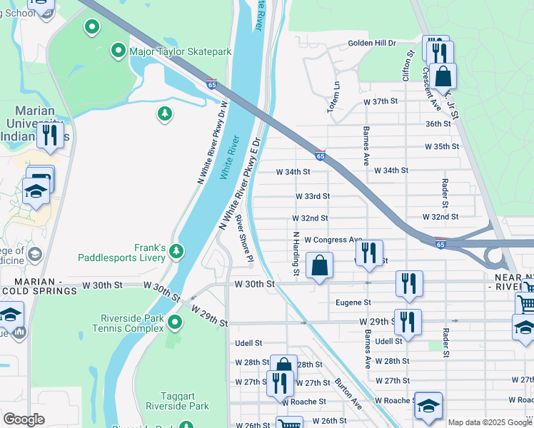 map of restaurants, bars, coffee shops, grocery stores, and more near 1456 West 32nd Street in Indianapolis
