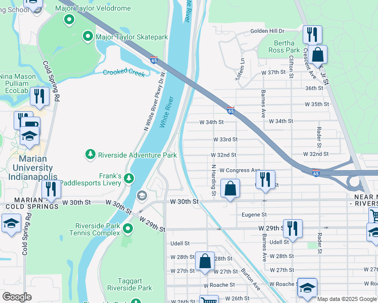 map of restaurants, bars, coffee shops, grocery stores, and more near 1466 West 32nd Street in Indianapolis