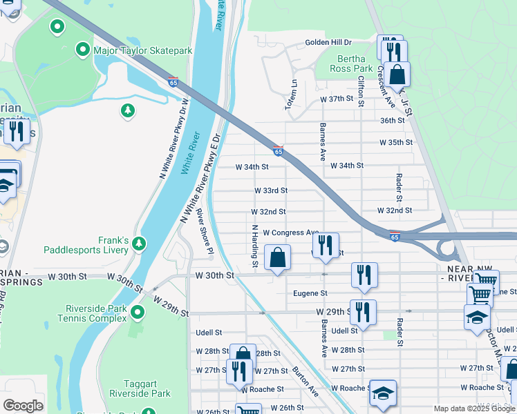 map of restaurants, bars, coffee shops, grocery stores, and more near 1347 West 32nd Street in Indianapolis