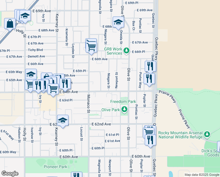 map of restaurants, bars, coffee shops, grocery stores, and more near 6711 East 64th Avenue in Commerce City