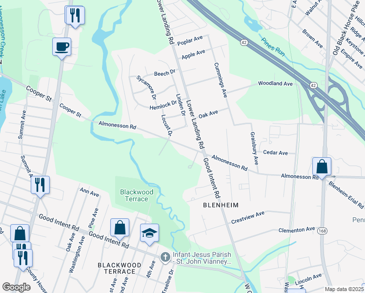 map of restaurants, bars, coffee shops, grocery stores, and more near 524 Almonesson Road in Gloucester Township