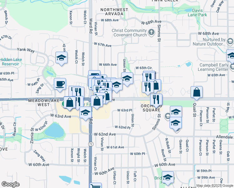 map of restaurants, bars, coffee shops, grocery stores, and more near 11815 W 64th Ave in Arvada
