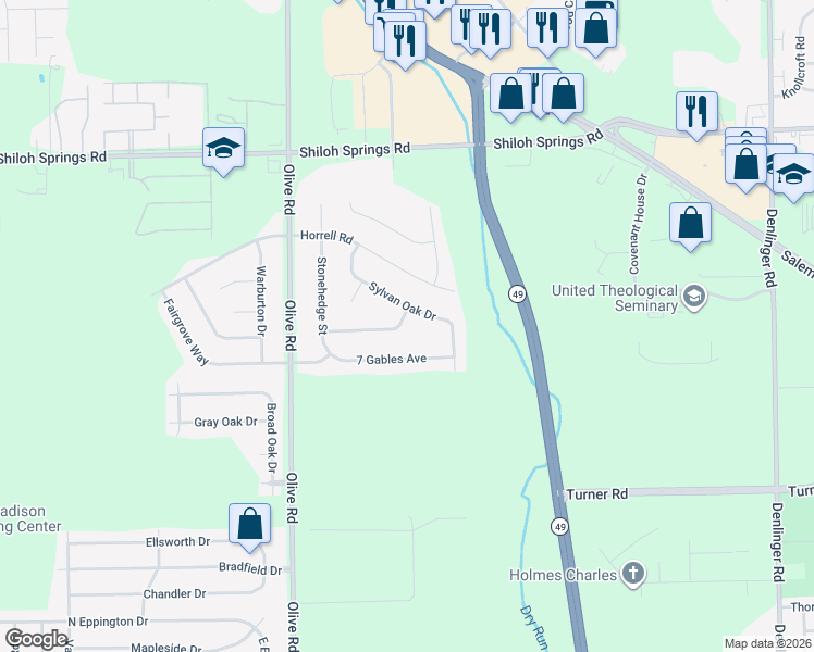 map of restaurants, bars, coffee shops, grocery stores, and more near 5810 Shady Cove Lane in Dayton