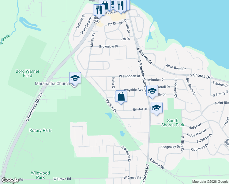 map of restaurants, bars, coffee shops, grocery stores, and more near 266 Dover Drive in Decatur