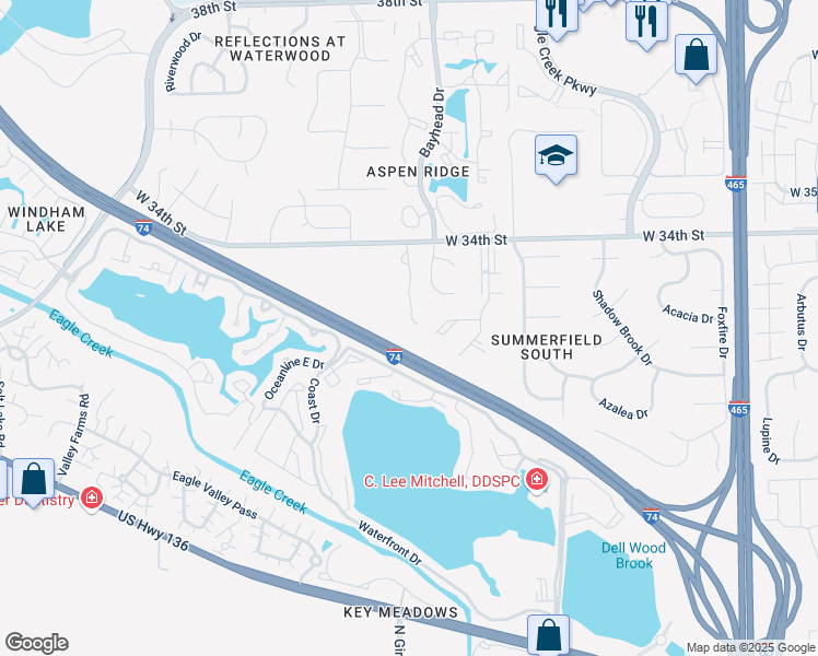 map of restaurants, bars, coffee shops, grocery stores, and more near Interstate 74 in Indianapolis