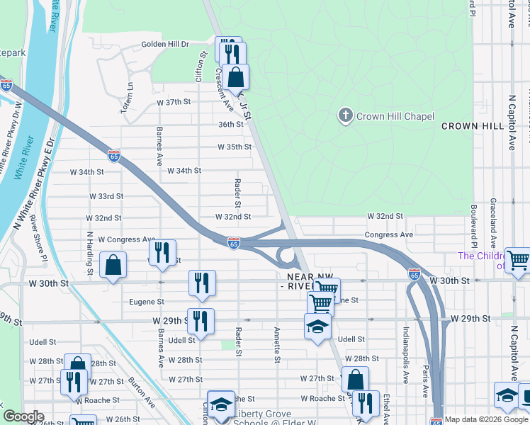 map of restaurants, bars, coffee shops, grocery stores, and more near 927 West 32nd Street in Indianapolis
