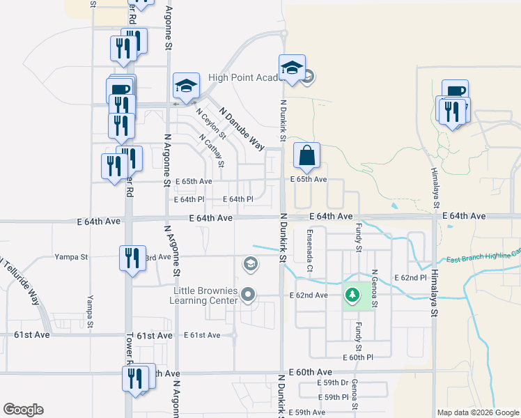 map of restaurants, bars, coffee shops, grocery stores, and more near 19155 East 64th Avenue in Denver