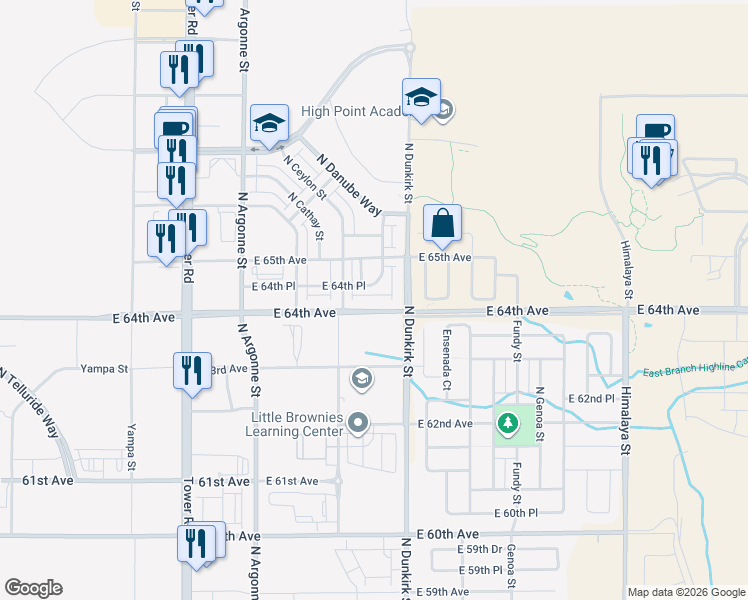map of restaurants, bars, coffee shops, grocery stores, and more near 19155 East 64th Avenue in Denver