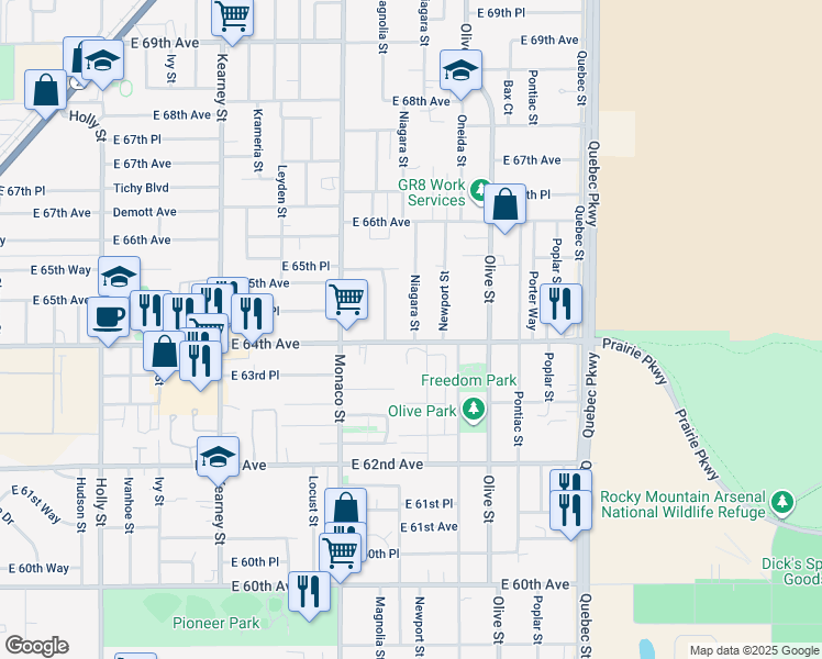 map of restaurants, bars, coffee shops, grocery stores, and more near 6711 East 64th Avenue in Commerce City
