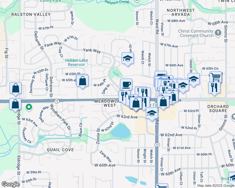 map of restaurants, bars, coffee shops, grocery stores, and more near 12954 West 64th Drive in Arvada