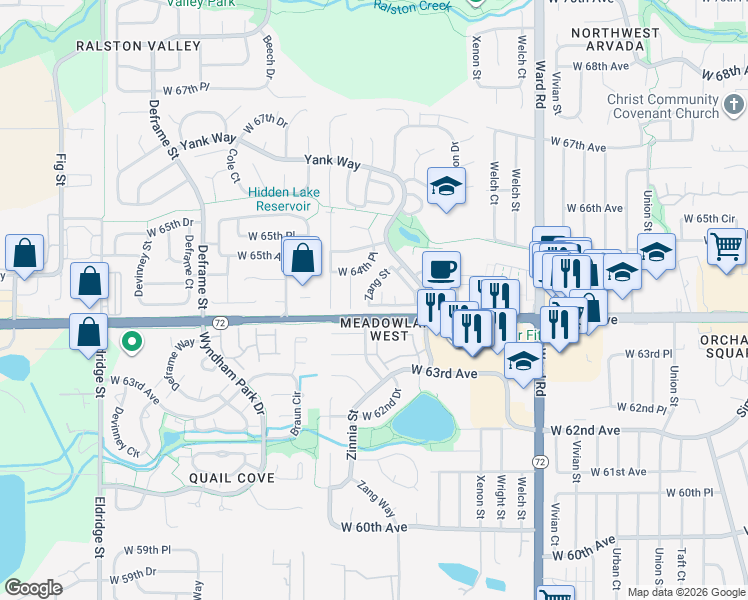 map of restaurants, bars, coffee shops, grocery stores, and more near 6406 Zang Court in Arvada