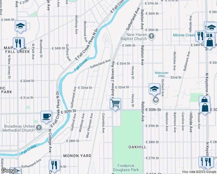 map of restaurants, bars, coffee shops, grocery stores, and more near 3132 Doctor Andrew J Brown Avenue in Indianapolis