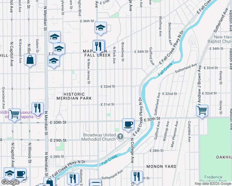 map of restaurants, bars, coffee shops, grocery stores, and more near 3126 Broadway Street in Indianapolis