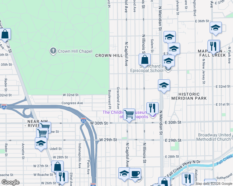map of restaurants, bars, coffee shops, grocery stores, and more near 3156 Graceland Avenue in Indianapolis