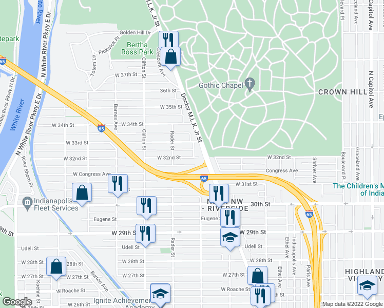 map of restaurants, bars, coffee shops, grocery stores, and more near 927 West 32nd Street in Indianapolis
