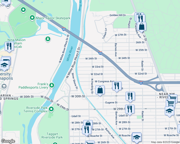 map of restaurants, bars, coffee shops, grocery stores, and more near 1347 West 32nd Street in Indianapolis