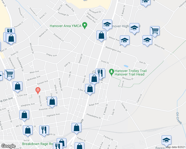 map of restaurants, bars, coffee shops, grocery stores, and more near 722 Broadway in Hanover