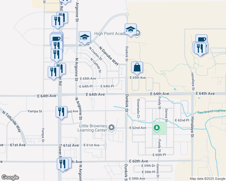 map of restaurants, bars, coffee shops, grocery stores, and more near 19155 East 64th Avenue in Denver