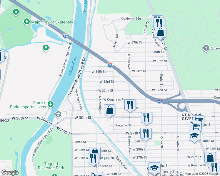 map of restaurants, bars, coffee shops, grocery stores, and more near 1308 West 32nd Street in Indianapolis