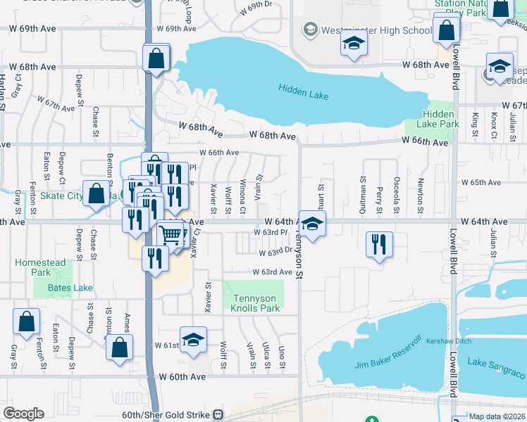 map of restaurants, bars, coffee shops, grocery stores, and more near 6422 Vrain Street in Arvada
