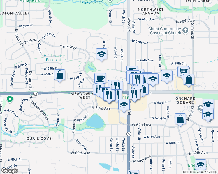 map of restaurants, bars, coffee shops, grocery stores, and more near 6440 Youngfield Street in Arvada