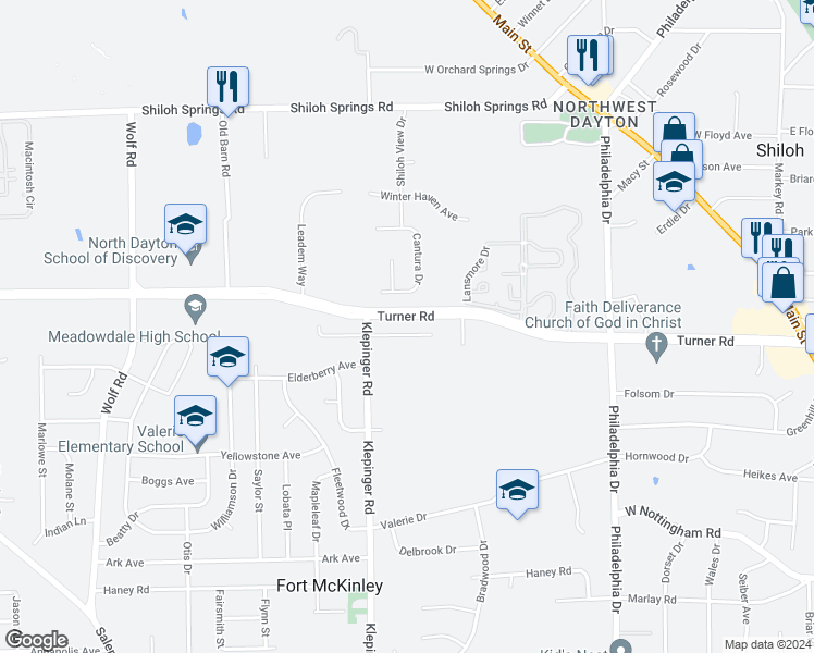 map of restaurants, bars, coffee shops, grocery stores, and more near 3439 Piedmont Avenue in Dayton