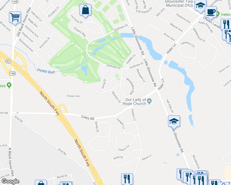 map of restaurants, bars, coffee shops, grocery stores, and more near 402 Masters Drive in Gloucester Township