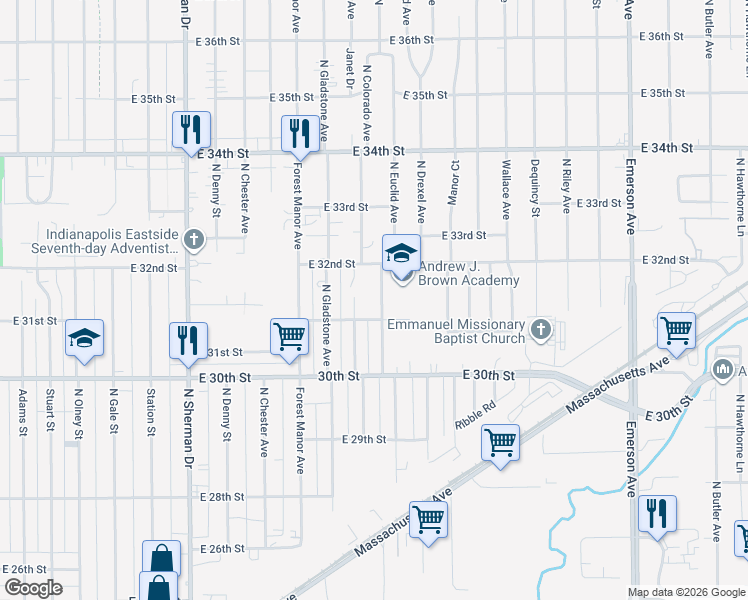 map of restaurants, bars, coffee shops, grocery stores, and more near 3108 North Euclid Avenue in Indianapolis