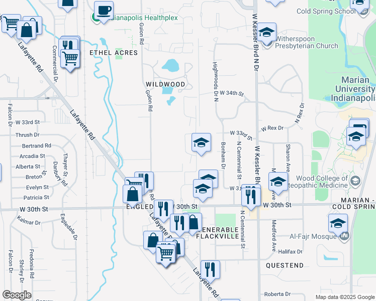 map of restaurants, bars, coffee shops, grocery stores, and more near 3215 West 32nd Street in Indianapolis