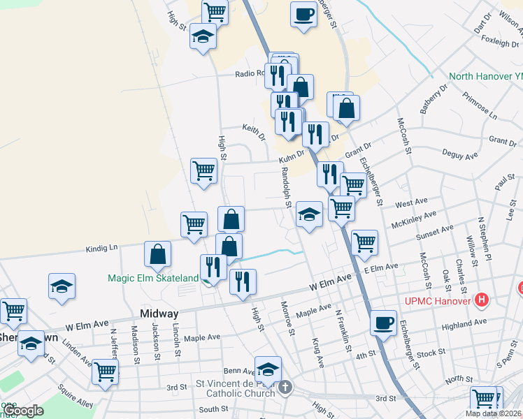 map of restaurants, bars, coffee shops, grocery stores, and more near 203 West Clearview Road in Hanover