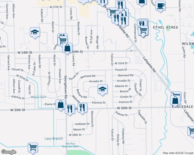 map of restaurants, bars, coffee shops, grocery stores, and more near 4402 Arcadia Street in Indianapolis