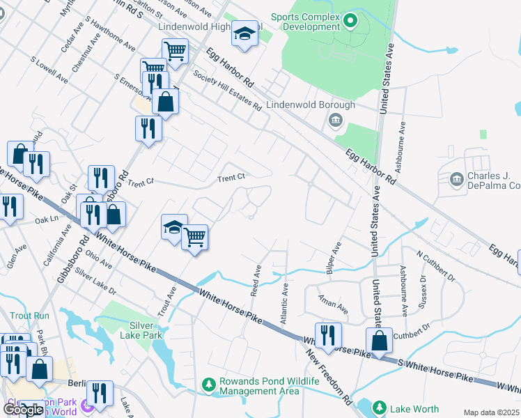 map of restaurants, bars, coffee shops, grocery stores, and more near 84 Chelsea Circle in Clementon