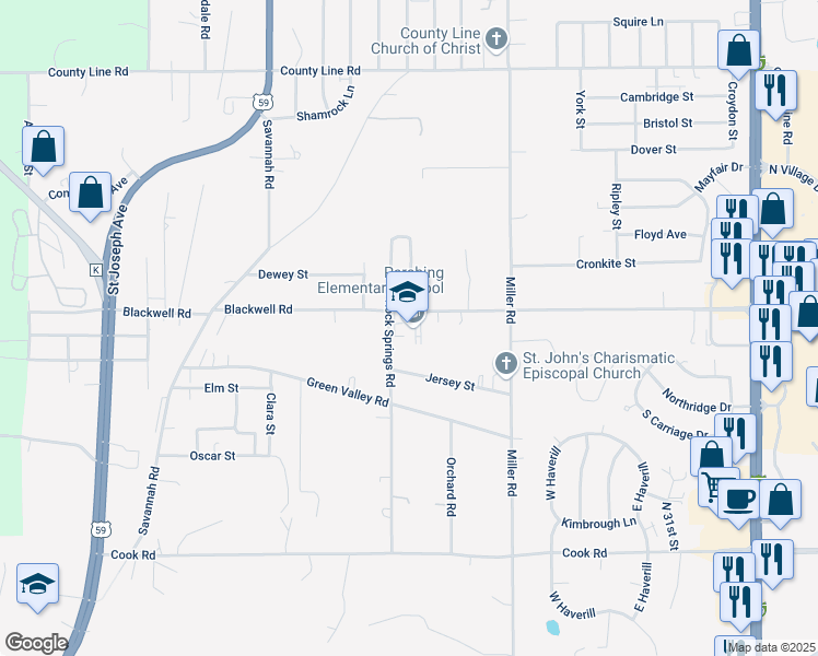 map of restaurants, bars, coffee shops, grocery stores, and more near 2610 Blackwell Road in Saint Joseph