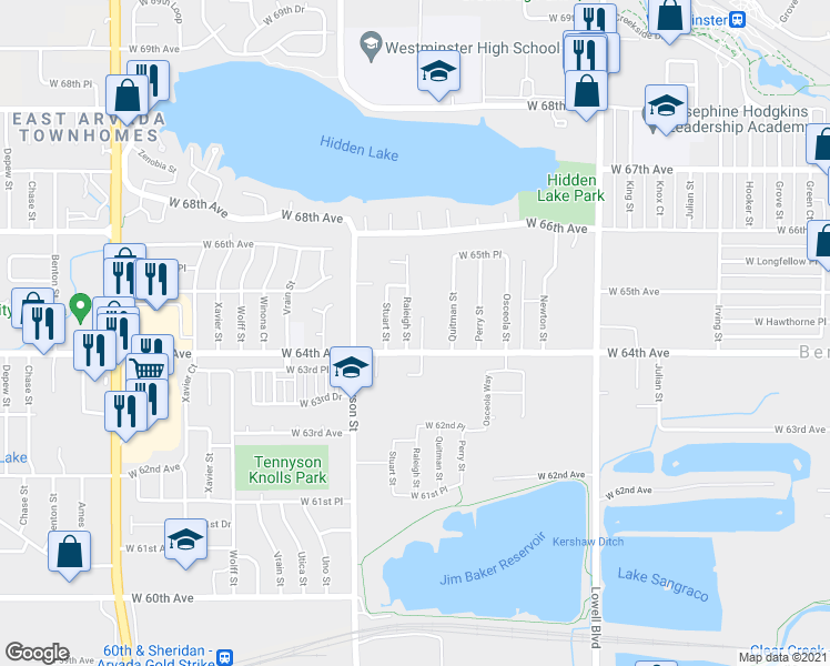 map of restaurants, bars, coffee shops, grocery stores, and more near 6411 Raleigh Street in Arvada