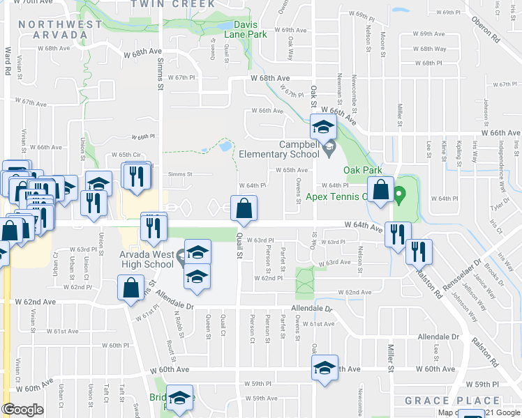 map of restaurants, bars, coffee shops, grocery stores, and more near 11185 West 64th Avenue in Arvada