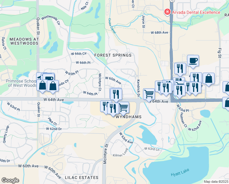 map of restaurants, bars, coffee shops, grocery stores, and more near 15456 West 64th Avenue in Arvada