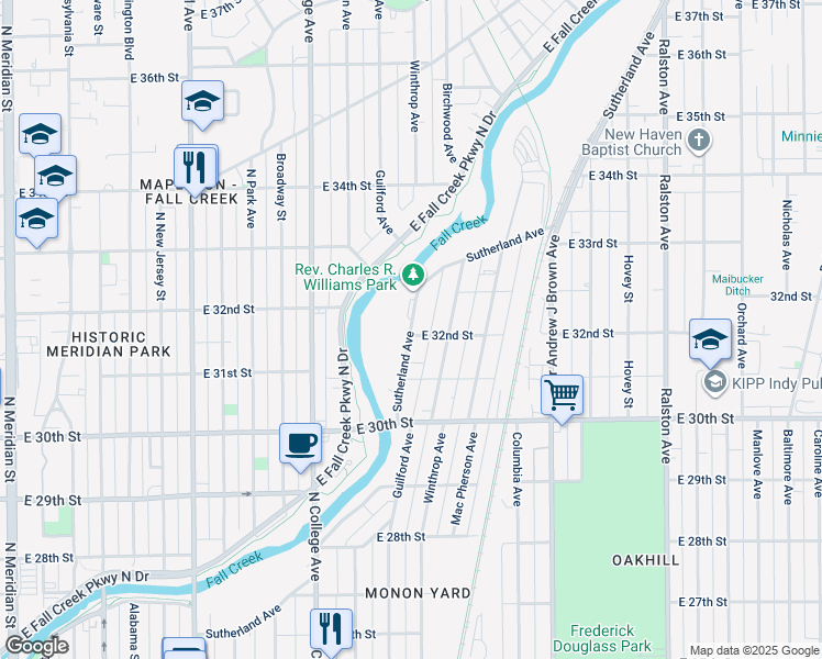 map of restaurants, bars, coffee shops, grocery stores, and more near 3137 Sutherland Avenue in Indianapolis