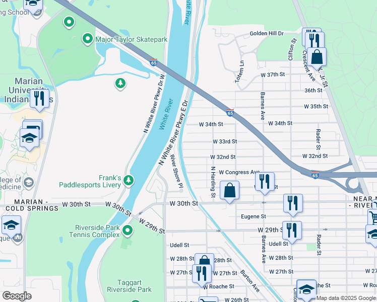map of restaurants, bars, coffee shops, grocery stores, and more near 1443 West 32nd Street in Indianapolis