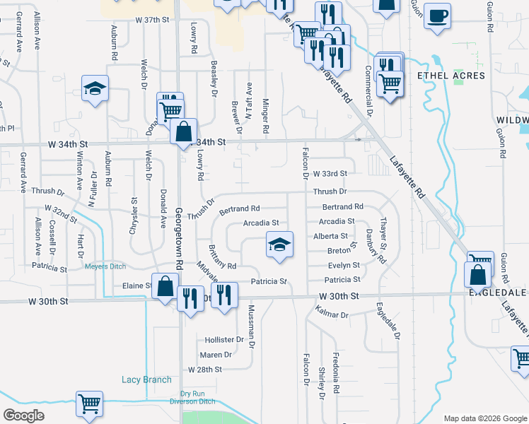 map of restaurants, bars, coffee shops, grocery stores, and more near 4402 Arcadia Street in Indianapolis