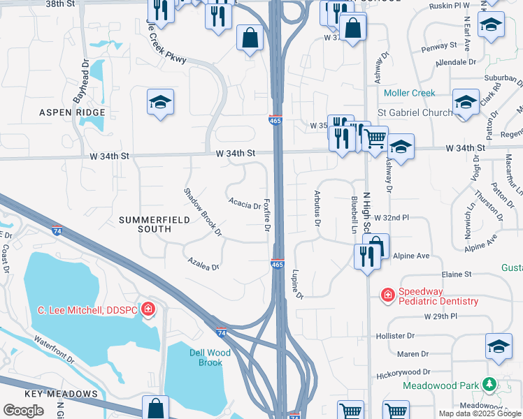map of restaurants, bars, coffee shops, grocery stores, and more near 6642 Sunflower Court in Indianapolis