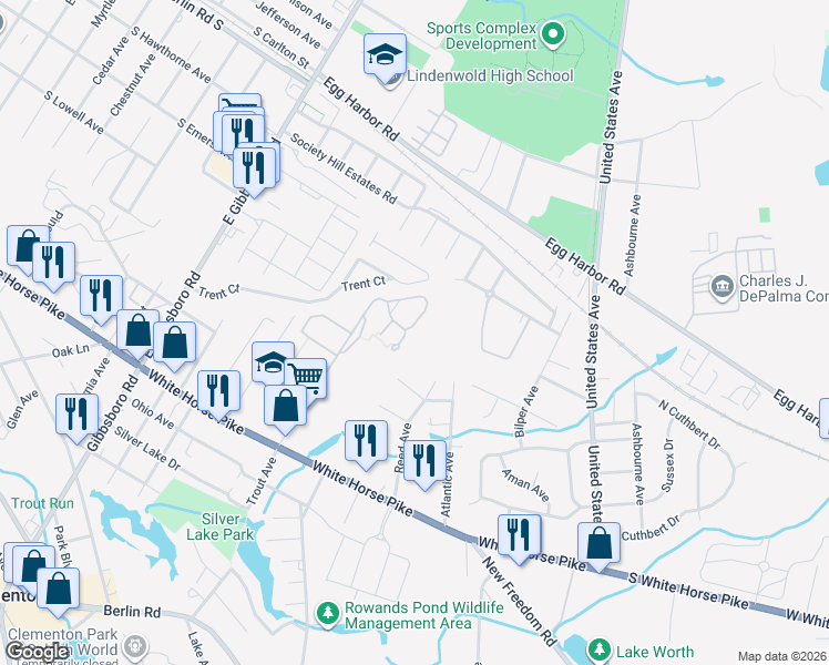map of restaurants, bars, coffee shops, grocery stores, and more near 7 Coventry Court in Clementon