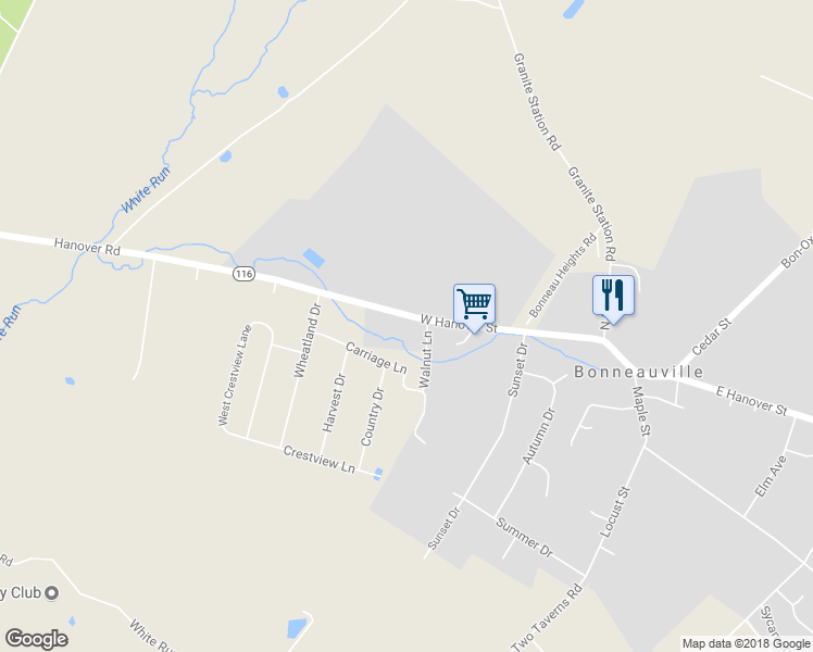 map of restaurants, bars, coffee shops, grocery stores, and more near 65 West Hanover Street in Gettysburg