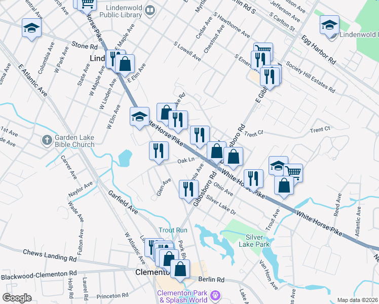 map of restaurants, bars, coffee shops, grocery stores, and more near 616 South White Horse Pike in Lindenwold