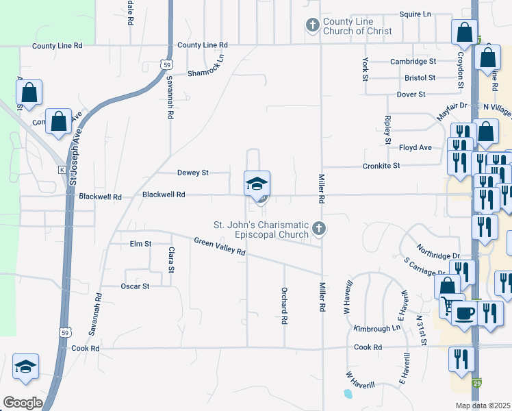 map of restaurants, bars, coffee shops, grocery stores, and more near 2610 Blackwell Road in Saint Joseph